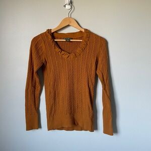 Eddie Bauer Cable Knit V Neck Ruffle Sweater Burnt Orange XS Cotton Nylon
